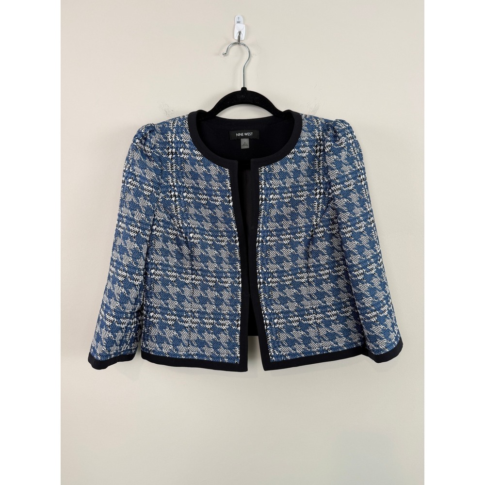 Nine West Blazer Blue White 6 Houndstooth Open Front Cropped Tweed Jacket